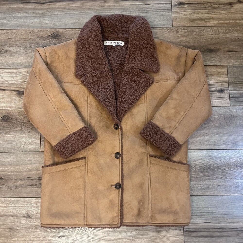 Free People Winter Faux Sherpa Suede Diogo Coat Western Bohemian Retro Size S